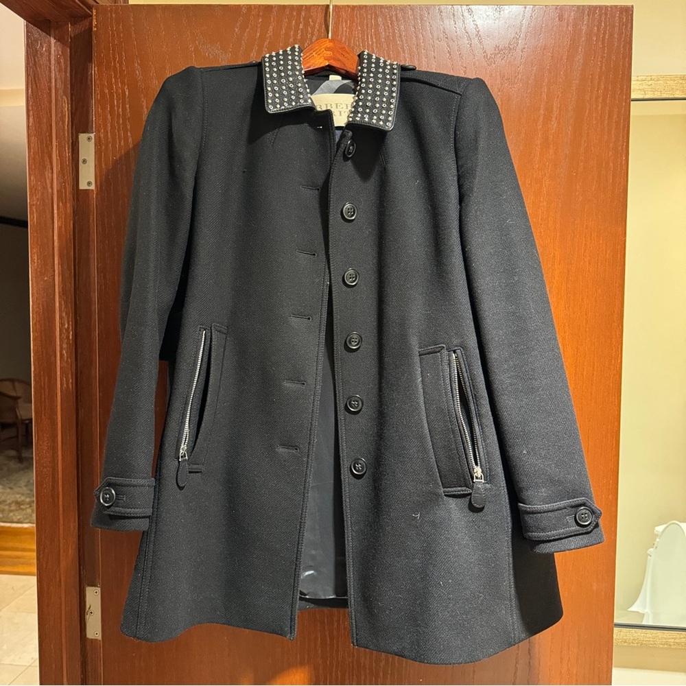 Burberry Brit Women’s Black Wool Coat with Studded Leather Collar - Size 6